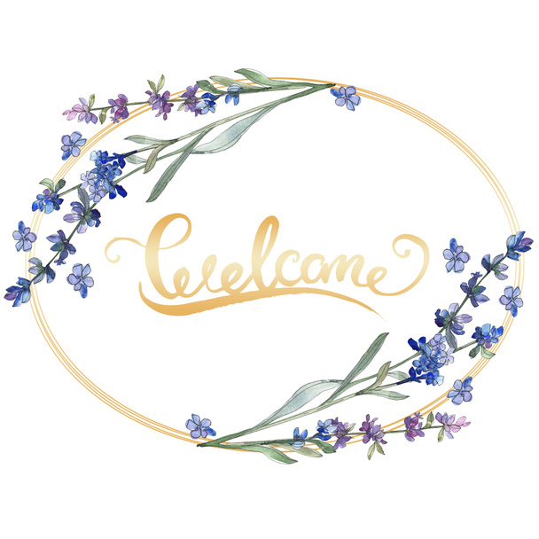 Purple lavender. Floral botanical flower. Wild spring leaf wildflower isolated. Watercolor background illustration set. Watercolour drawing fashion aquarelle isolated. Frame border ornament square. - Valokuva, kuva