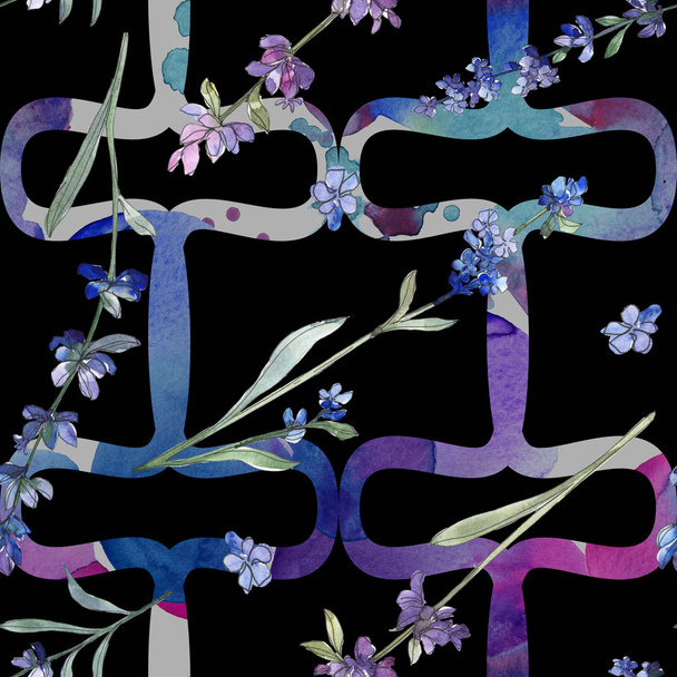 Botaniczny kwiat lawenda Purple. Wildflower liść wiosna dzikiego. Akwarela, ilustracja zestaw. Akwarela rysunku aquarelle moda na białym tle. Bezszwowe tło wzór. Tkanina tapeta tekstura wydruku. - Zdjęcie, obraz