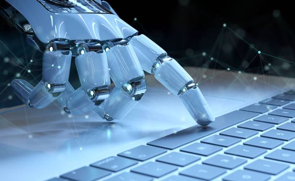 Cyborg hand pressing a keyboard on a laptop in dark blue background 3D rendering - Foto, Bild