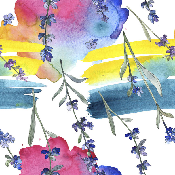 Paarse lavendel botanische bloem. Wild voorjaar blad wildflower. Aquarel illustratie set. Aquarel tekenen mode aquarelle geïsoleerd. Naadloze achtergrondpatroon. Structuur behang print textuur. - Foto, afbeelding