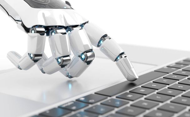 White robot cyborg hand pressing a keyboard on a laptop 3D rendering - Foto, Imagem