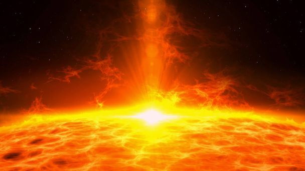 Éruption solaire avec de grandes éruptions d'énergie. Éruption de matière plasmatique sur la surface de l'étoile. Exploration spatiale Fond abstrait 3D Illustration 3D
. - Photo, image