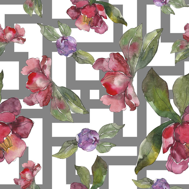 Red and purple camellia flowers. Watercolor illustration set. Seamless background pattern. Fabric wallpaper print texture. - Fotó, kép