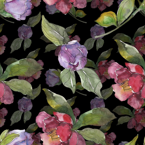 Red and purple camellia flowers. Watercolor illustration set. Seamless background pattern. Fabric wallpaper print texture. - Фото, изображение