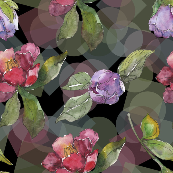 Red and purple camellia flowers. Watercolor illustration set. Seamless background pattern. Fabric wallpaper print texture. - Фото, зображення