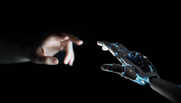 Robot hand making contact with human hand on dark background 3D rendering - Foto, Imagen
