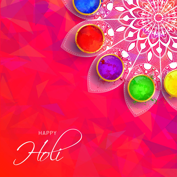 Top view of poster or greeting card design with color bowls on mandala decorated abstract background for Holi festival celebration. - Vecteur, image