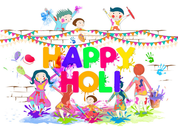 Roztomilé děti hrají s barvami, v některých případech desingu Happy Holi festival, plakátu nebo nápisu. - Vektor, obrázek