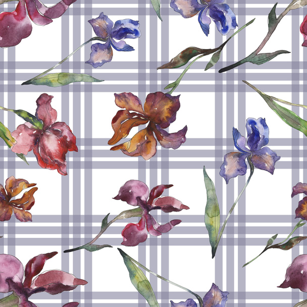 Purplr ahd red irises flower. Wild spring leaf wildflower. Watercolor illustration set. Watercolour drawing fashion aquarelle isolated. Seamless background pattern. Fabric wallpaper print texture. - 写真・画像
