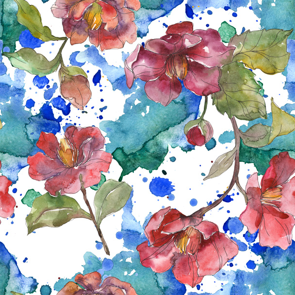 Red peonies watercolor illustration set. Seamless background pattern. Fabric wallpaper print texture. - Foto, Imagem