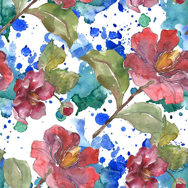 Red peonies watercolor illustration set. Seamless background pattern. Fabric wallpaper print texture. - Foto, imagen