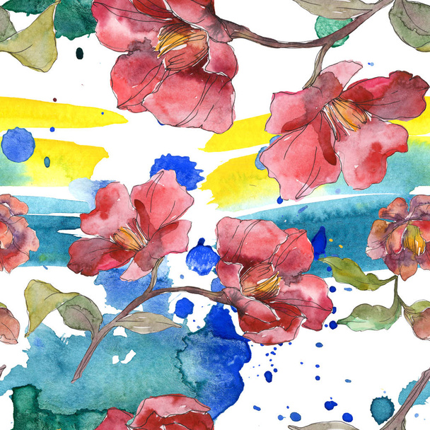 Red peonies watercolor illustration set. Seamless background pattern. Fabric wallpaper print texture. - Φωτογραφία, εικόνα