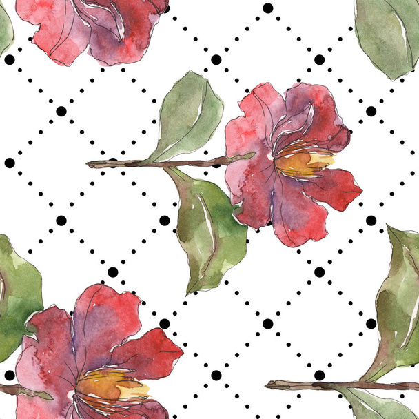 Red peonies watercolor illustration set. Seamless background pattern. Fabric wallpaper print texture. - Foto, imagen