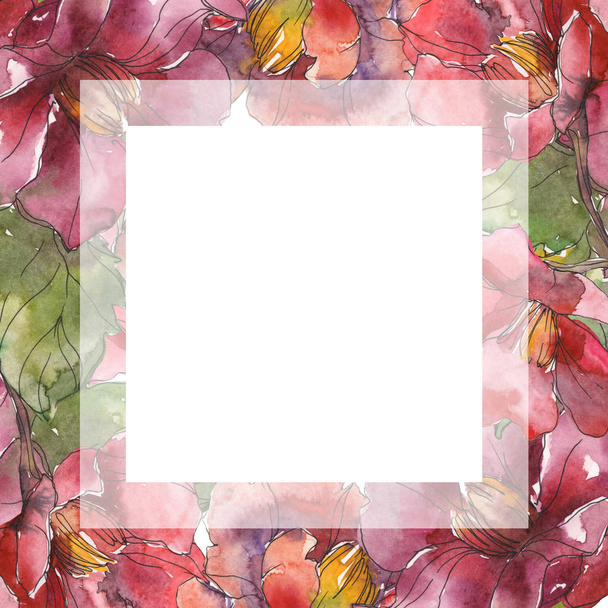Red isolated on white peonies watercolor background illustration set. Frame border ornament with copy space. - Fotoğraf, Görsel