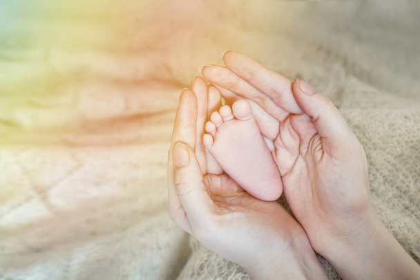 Baby feet in mother hands. Mom and her Child. Happy Family concept. Beautiful conceptual image of Maternity. - Foto, Imagem