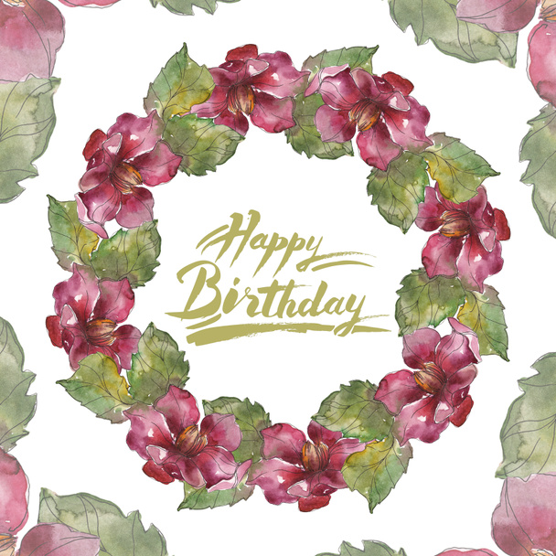Red peonies. Watercolor background illustration set. Frame border ornament with happy birthday inscription. - Fotó, kép