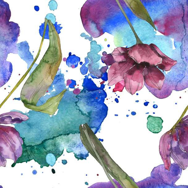 チューリップの花の植物の花 野生の春の葉の野生の花が孤立しました 水彩イラスト セット 水彩画ファッションアクアレル シームレスな背景パターン ファブリック壁紙プリントテクスチャ ロイヤリティフリー写真 画像素材