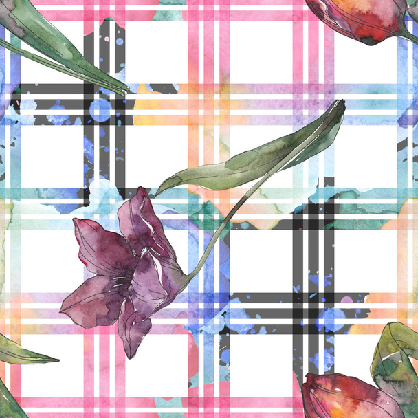 紫チューリップ花植物の花。野生春葉が分離されました。水彩イラスト セット。水彩描画ファッション aquarelle。シームレスな背景パターン。壁紙印刷手触りの生地. - 写真・画像