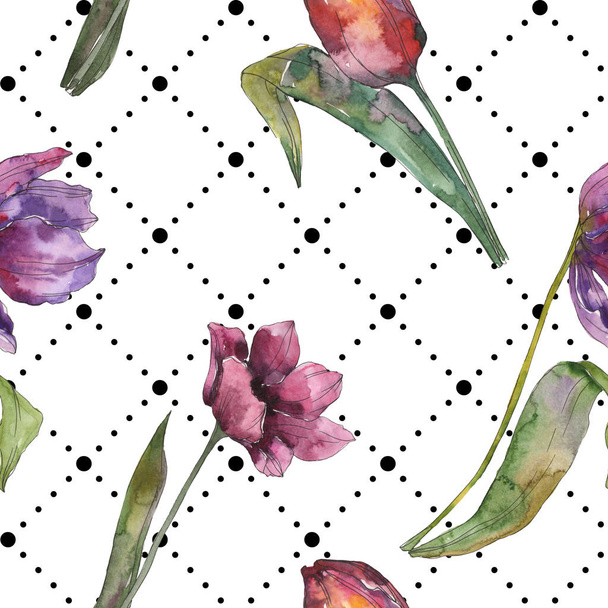 Purple tulip floral botanical flowers. Wild spring leaf isolated. Watercolor illustration set. Watercolour drawing fashion aquarelle. Seamless background pattern. Fabric wallpaper print texture. - 写真・画像