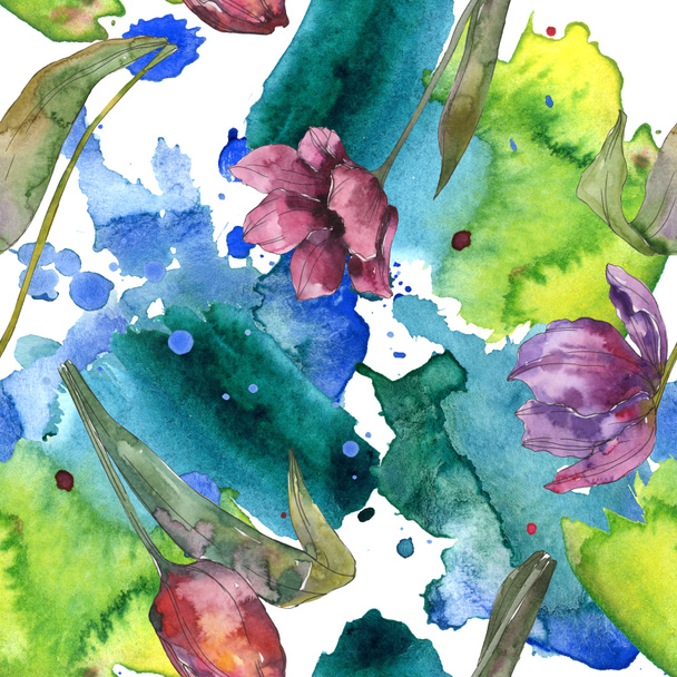 Purple tulip floral botanical flowers. Wild spring leaf isolated. Watercolor illustration set. Watercolour drawing fashion aquarelle. Seamless background pattern. Fabric wallpaper print texture. - 写真・画像