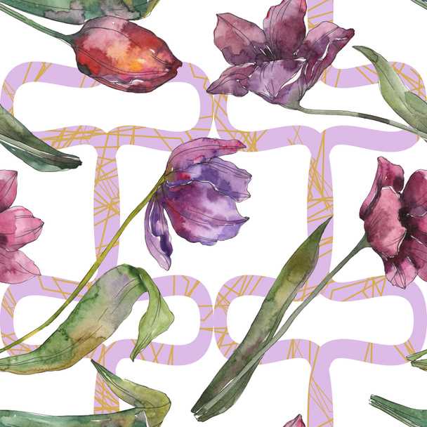 Purple tulip floral botanical flowers. Wild spring leaf isolated. Watercolor illustration set. Watercolour drawing fashion aquarelle. Seamless background pattern. Fabric wallpaper print texture. - Фото, зображення