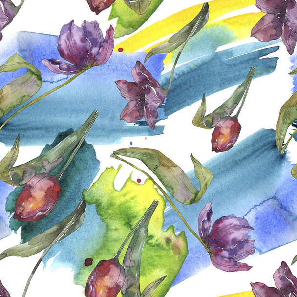 Purple tulip floral botanical flowers. Wild spring leaf isolated. Watercolor illustration set. Watercolour drawing fashion aquarelle. Seamless background pattern. Fabric wallpaper print texture. - Foto, Imagem