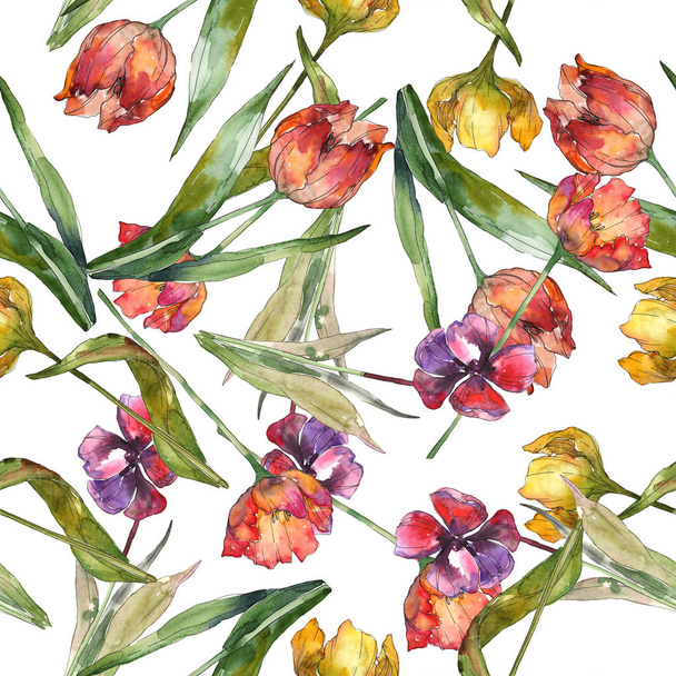 Tulips with green leaves and abstract pattern seamless background. Fabric wallpaper print texture. Watercolor illustration set.  - Valokuva, kuva