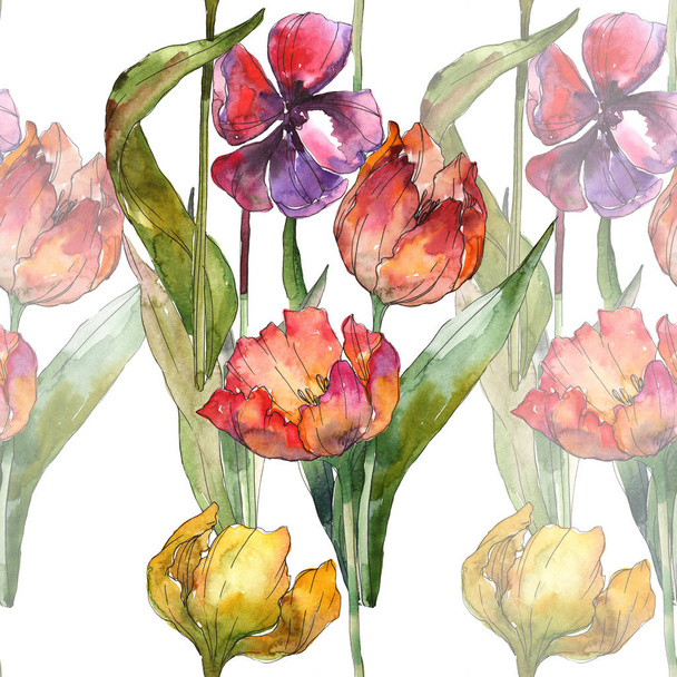 Isolated tulips with green leaves seamless background pattern. Fabric wallpaper print texture. Watercolor illustration set.  - Foto, Imagen