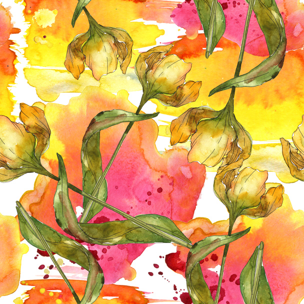 Tulips with green leaves and abstract pattern seamless background. Fabric wallpaper print texture. Watercolor illustration set.  - Valokuva, kuva