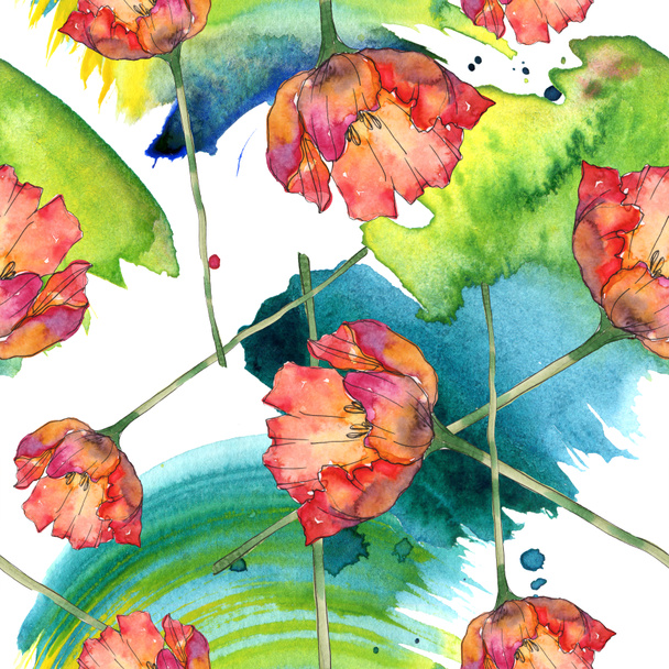 Tulpen met groene bladeren en abstracte patroon naadloze achtergrond. Structuur behang print textuur. Aquarel illustratie set.  - Foto, afbeelding