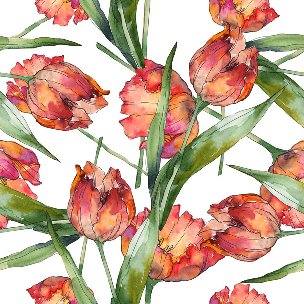 Isolated tulips with green leaves seamless background pattern. Fabric wallpaper print texture. Watercolor illustration set.  - Zdjęcie, obraz