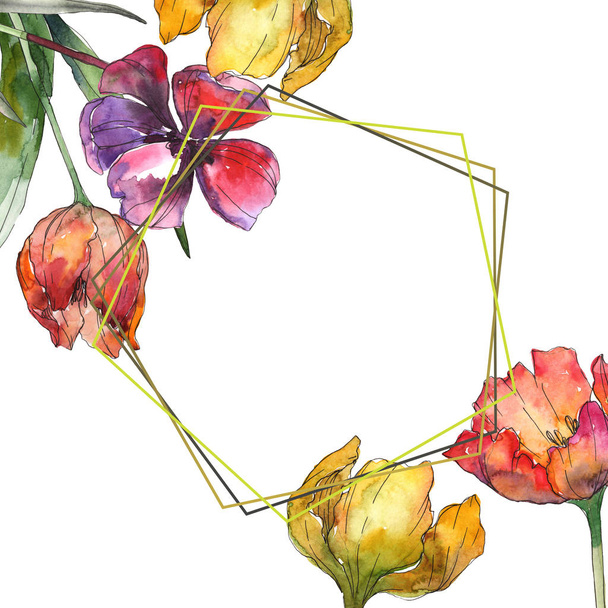 Gele en rode tulpen aquarel achtergrond afbeelding instellen. Frame grens sieraad met kopie ruimte. - Foto, afbeelding
