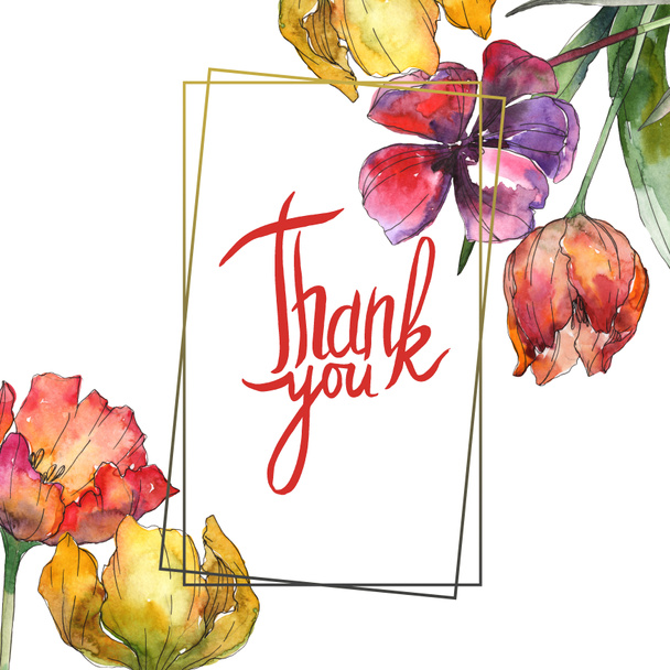 Yellow and red tulips watercolor background illustration set. Frame border ornament with thank you lettering. - 写真・画像