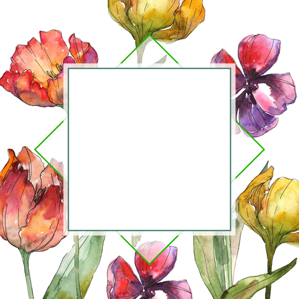 Yellow and red tulips watercolor background illustration set. Frame border ornament with copy space. - Photo, Image