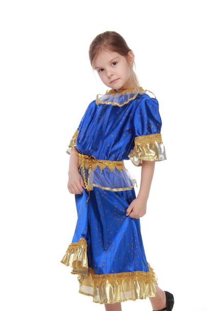 Adorable little girl in blue dress on white background - Fotoğraf, Görsel