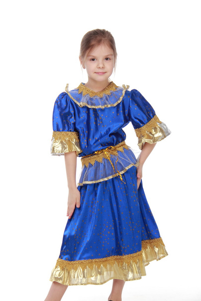 Adorable little girl in blue dress on white background - 写真・画像