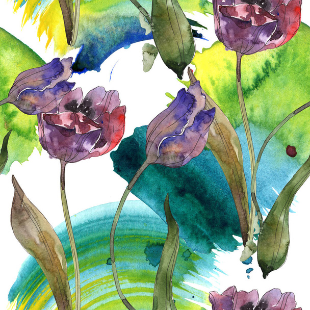 Purple and blue tulips watercolor illustration set. Seamless background pattern. Fabric wallpaper print texture. - Фото, изображение
