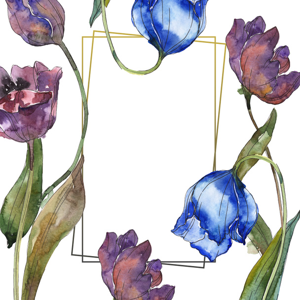 Purple and blue tulips watercolor background illustration set. Frame border ornament with copy space. - Φωτογραφία, εικόνα