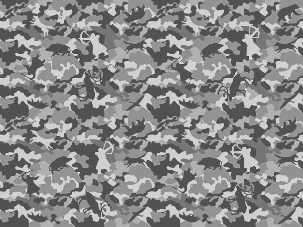 Fond de camouflage en gris, sans couture. Mode de chasse, images stylisées d'animaux sauvages et de chasseurs
. - Photo, image