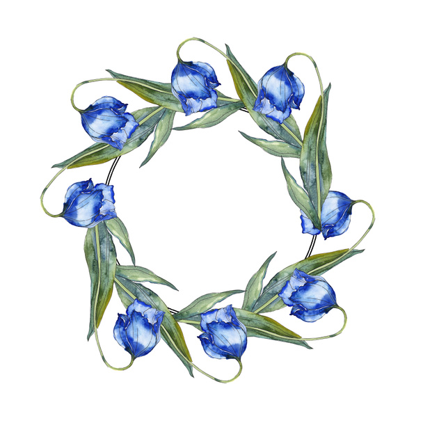 Purple and blue tulips watercolor background illustration set. Frame border ornament with copy space. - Fotografie, Obrázek