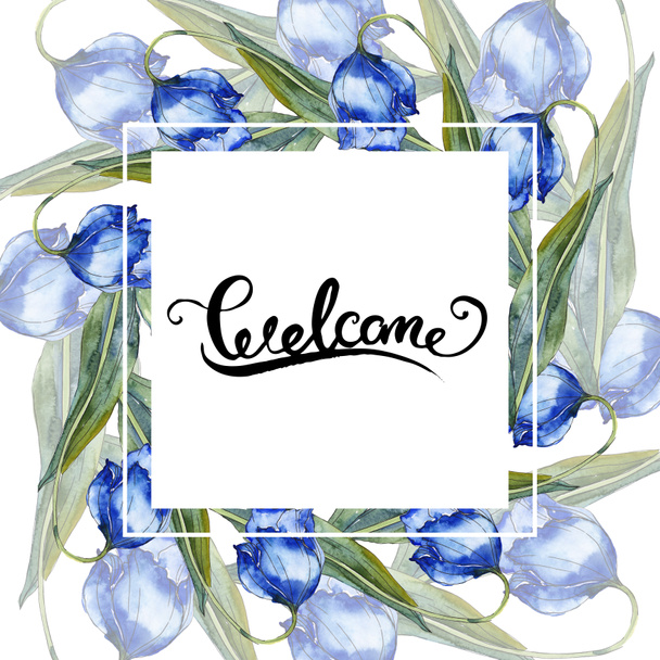 Purple and blue tulips. Watercolor background illustration set. Frame border ornament with inscription. - 写真・画像