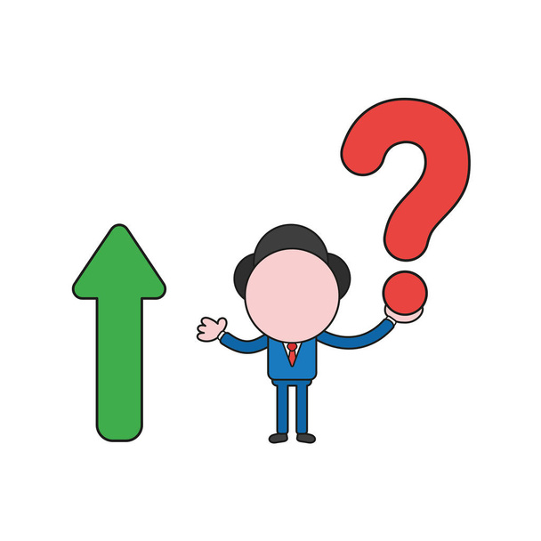 Ilustración vectorial personaje de hombre de negocios sosteniendo signo de interrogación con flecha moviéndose hacia arriba. Color y contornos negros
. - Vector, imagen