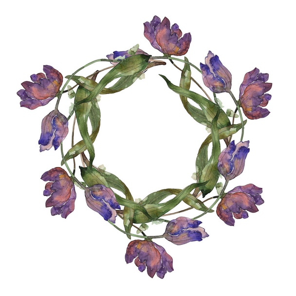 Purple and blue tulips watercolor background illustration set. Frame border ornament with copy space. - Fotó, kép