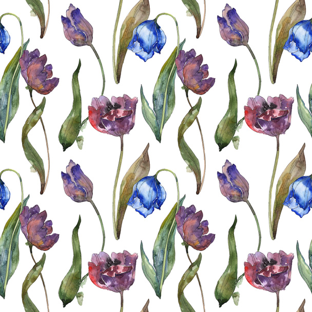 Purple and blue tulips watercolor illustration set. Seamless background pattern. Fabric wallpaper print texture. - Photo, Image