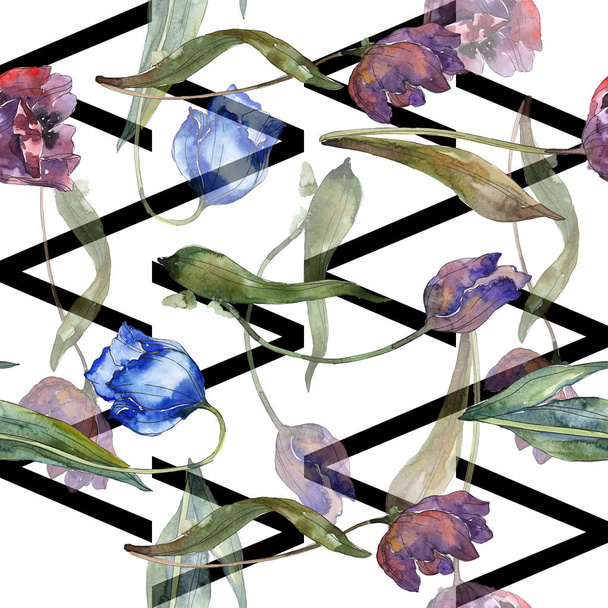 Purple and blue tulips watercolor illustration set. Seamless background pattern. Fabric wallpaper print texture. - Φωτογραφία, εικόνα