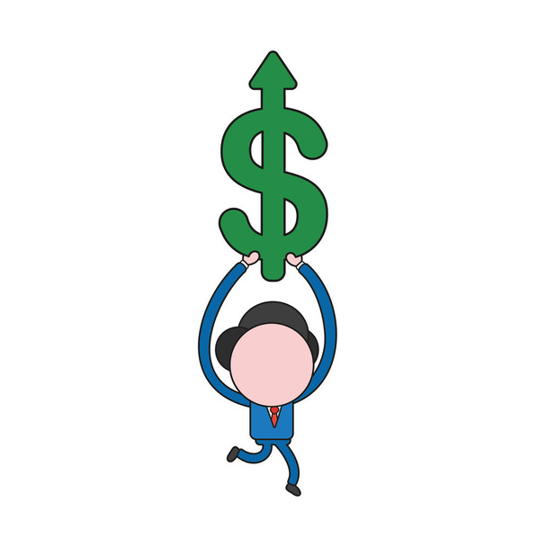 Illustrazione vettoriale personaggio uomo d'affari in esecuzione e tenendo simbolo dollaro con freccia in movimento verso l'alto. Colore e contorni neri
. - Vettoriali, immagini