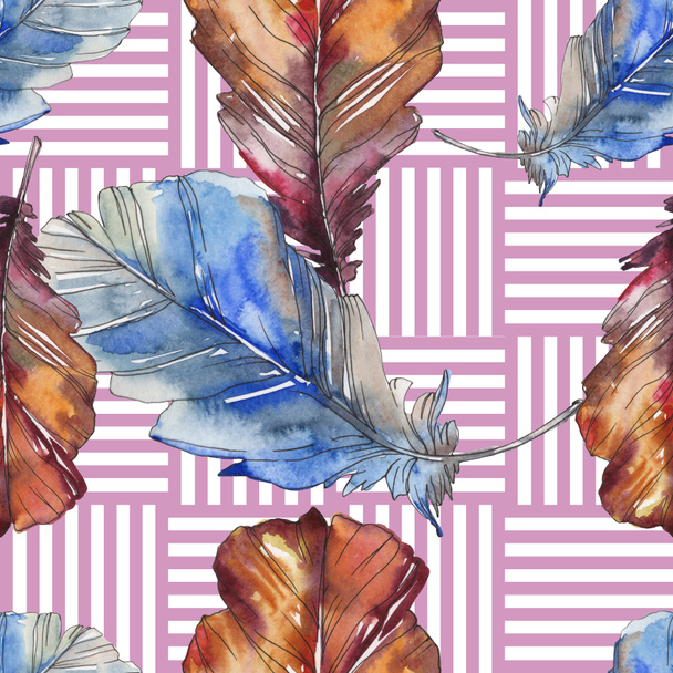 Bird feather from wing isolated. Watercolor background illustration set. Watercolour drawing fashion aquarelle isolated. Seamless background pattern. Fabric wallpaper print texture. - Fotó, kép