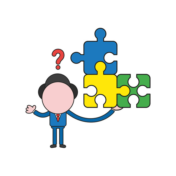 Vector illustration businessman character holding connected puzzle pieces and confused for missing puzzle piece. Color and black outlines. - Vector, afbeelding