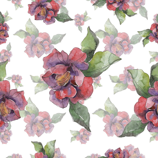 Red and purple camellia flowers. Watercolor illustration set. Seamless background pattern. Fabric wallpaper print texture. - Foto, afbeelding