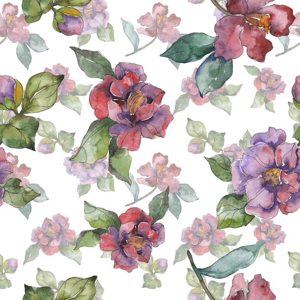 Red and purple camellia flowers. Watercolor illustration set. Seamless background pattern. Fabric wallpaper print texture. - 写真・画像